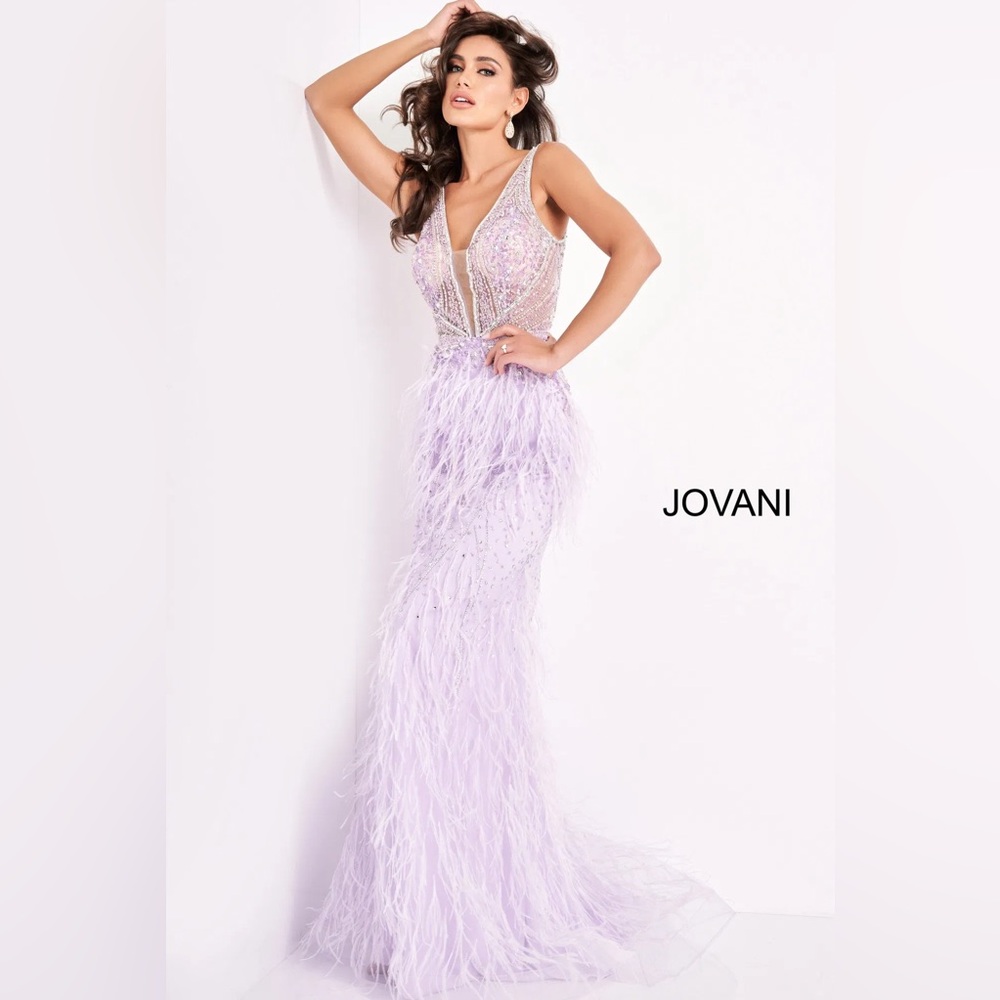 Jovani Lilac Feathered Prom Dress